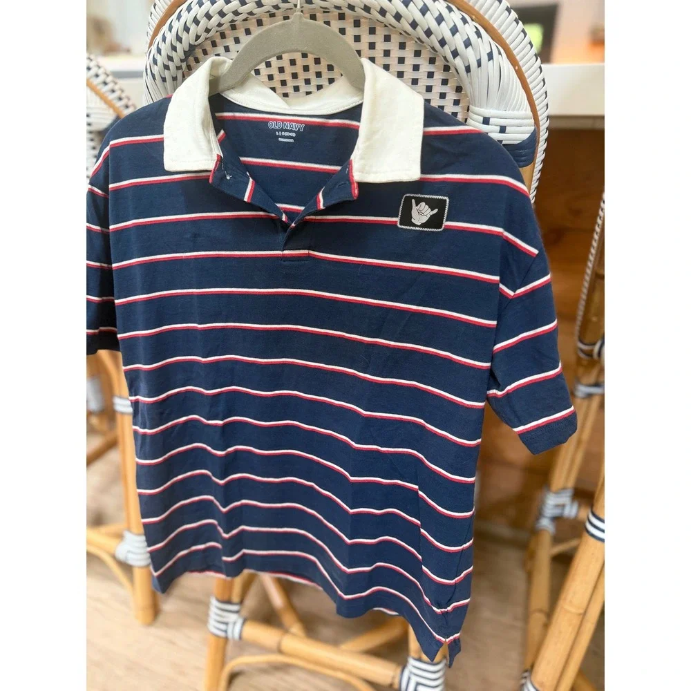 Old Navy Boys Navy Blue Striped Rugby Polo Shirt Shaka Patch Size L 10-12